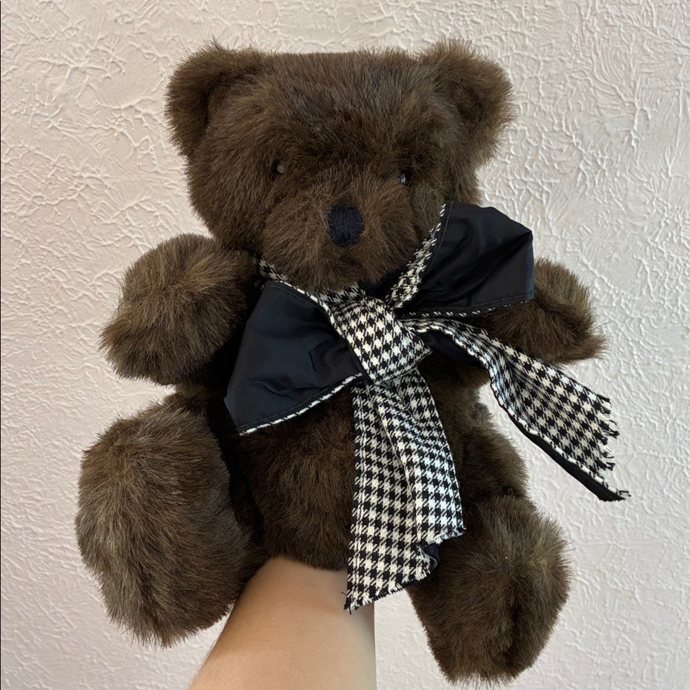 Vintage Hand Puppet Brown Bear with checker bow